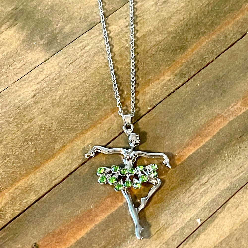 Ballet Dancer, Dancing Emerald Color Gemstones Necklace Silver Plated Ballerina - Picture 8 of 12